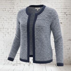 Navy Blue Textured Knit Classic Tweed Style Open Cardigan